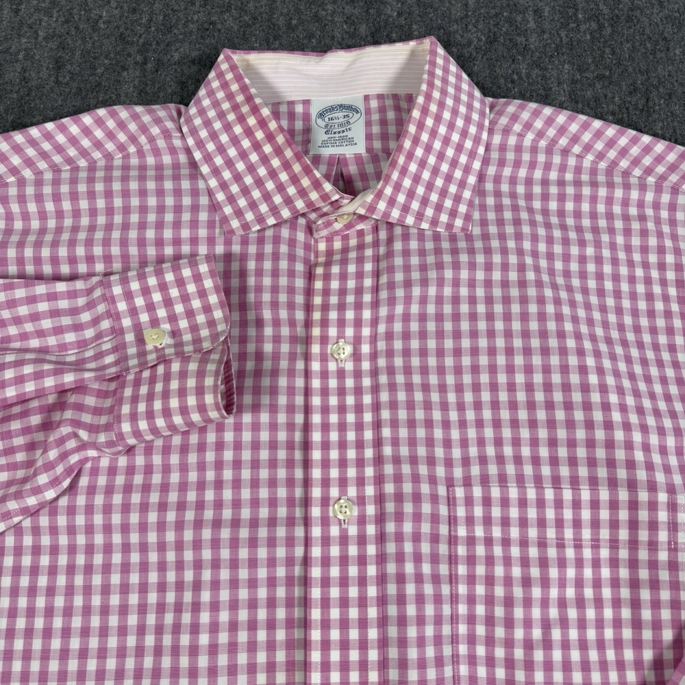 Brooks Brothers Classic Fit 16.5 35 Pink Gingham Supima Cotton Non Iron Shirt